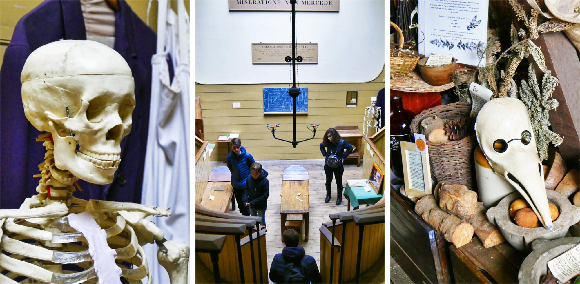 A skeleton head, an old operating theare, a plague mask and herbs at The Old Operating Theatre Museum in London
