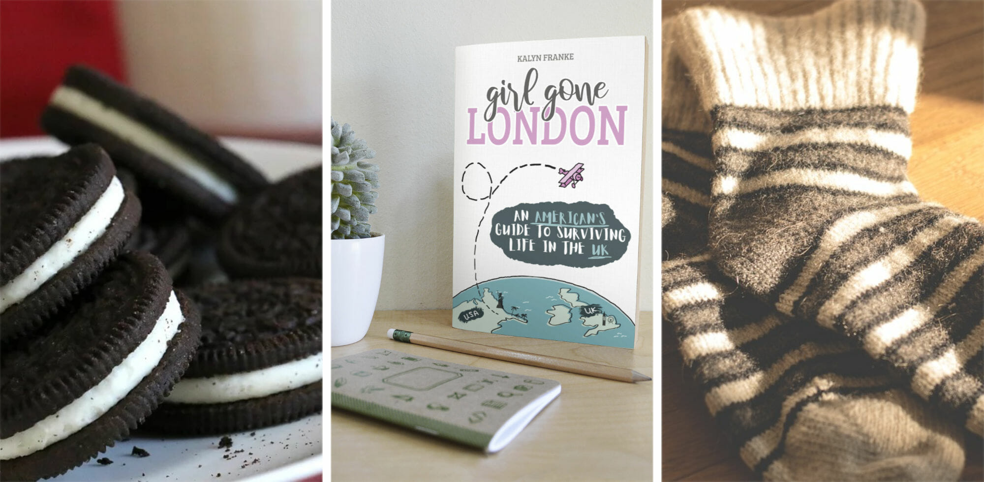 Oreo cookies, Girl Gone London book, winter socks
